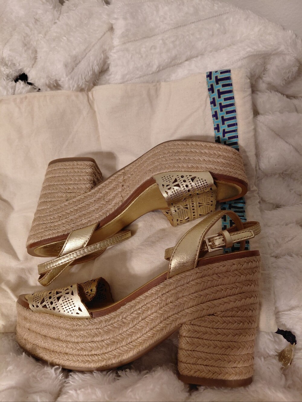 Tory Burch Gold Toned Espadrille Wedges - Picture 6 of 9